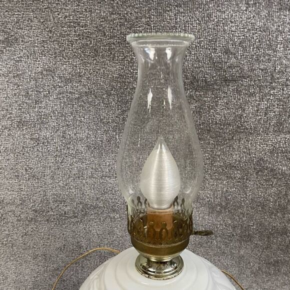 Antique Milk Glass Cherry Blossoms Floral Glass Oil Hurricane Lamp Hedco NY - Picture 3 of 10